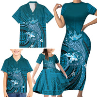 Samoa Tatau Marlin Family Matching Short Sleeve Bodycon Dress and Hawaiian Shirt With Siapo Motifs Teal LT05 - Polynesian Pride