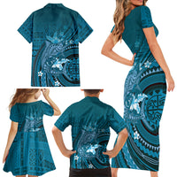 Samoa Tatau Marlin Family Matching Short Sleeve Bodycon Dress and Hawaiian Shirt With Siapo Motifs Teal LT05 - Polynesian Pride