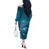 Samoa Tatau Marlin Off The Shoulder Long Sleeve Dress With Siapo Motifs Teal