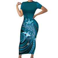 Samoa Tatau Marlin Short Sleeve Bodycon Dress With Siapo Motifs Teal