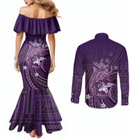 Samoa Tatau Marlin Couples Matching Mermaid Dress and Long Sleeve Button Shirt With Siapo Motifs Violet