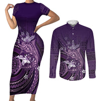 Samoa Tatau Marlin Couples Matching Short Sleeve Bodycon Dress and Long Sleeve Button Shirt With Siapo Motifs Violet