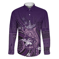 Samoa Tatau Marlin Family Matching Off Shoulder Maxi Dress and Hawaiian Shirt With Siapo Motifs Violet LT05 Dad's Shirt - Long Sleeve Violet - Polynesian Pride