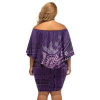 Samoa Tatau Marlin Family Matching Off Shoulder Short Dress and Hawaiian Shirt With Siapo Motifs Violet LT05 - Polynesian Pride