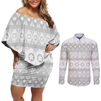 Tonga White Sunday Couples Matching Off Shoulder Short Dress and Long Sleeve Button Shirt Tongan Ngatu Siale Pattern - Polynesian Pride
