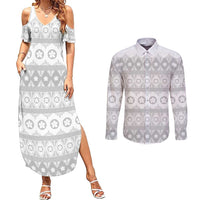 Tonga White Sunday Couples Matching Summer Maxi Dress and Long Sleeve Button Shirt Tongan Ngatu Siale Pattern - Polynesian Pride