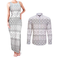 Tonga White Sunday Couples Matching Tank Maxi Dress and Long Sleeve Button Shirt Tongan Ngatu Siale Pattern - Polynesian Pride