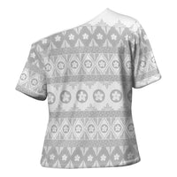 Tonga White Sunday Cross Shoulder Shirt Tongan Ngatu Siale Pattern - Polynesian Pride
