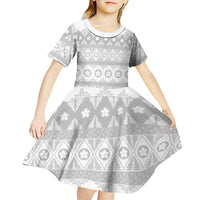 Tonga White Sunday Kid Short Sleeve Dress Tongan Ngatu Siale Pattern - Polynesian Pride