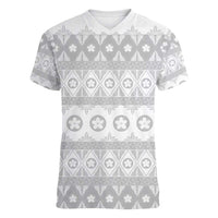 Tonga White Sunday Women V-Neck T-Shirt Tongan Ngatu Siale Pattern - Polynesian Pride