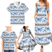 Samoa White Sunday Family Matching Summer Maxi Dress and Hawaiian Shirt Samoan Tapa Blue Hibiscus - Polynesian Pride