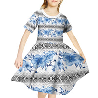 Samoa White Sunday Kid Short Sleeve Dress Samoan Tapa Blue Hibiscus - Polynesian Pride
