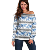 Samoa White Sunday Off Shoulder Sweater Samoan Tapa Blue Hibiscus - Polynesian Pride