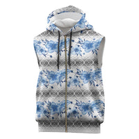 Samoa White Sunday Sleeveless Zip Hoodie Samoan Tapa Blue Hibiscus - Polynesian Pride