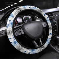 Samoa White Sunday Steering Wheel Cover Samoan Tapa Blue Hibiscus - Polynesian Pride