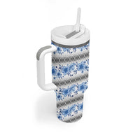 Samoa White Sunday Tumbler With Handle Samoan Tapa Blue Hibiscus - Polynesian Pride