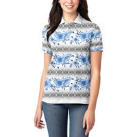 Samoa White Sunday Women Polo Shirt Samoan Tapa Blue Hibiscus - Polynesian Pride