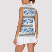 Samoa White Sunday Women Sleeveless Polo Shirt Samoan Tapa Blue Hibiscus - Polynesian Pride