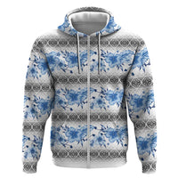 Samoa White Sunday Zip Hoodie Samoan Tapa Blue Hibiscus - Polynesian Pride