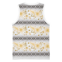 Samoa White Sunday Basketball Jersey Samoan Tapa Yellow Hibiscus - Polynesian Pride