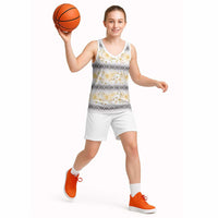 Samoa White Sunday Basketball Jersey Samoan Tapa Yellow Hibiscus - Polynesian Pride