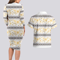 Samoa White Sunday Couples Matching Long Sleeve Bodycon Dress and Hawaiian Shirt Samoan Tapa Yellow Hibiscus - Polynesian Pride
