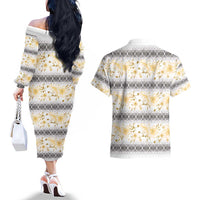 Samoa White Sunday Couples Matching Off The Shoulder Long Sleeve Dress and Hawaiian Shirt Samoan Tapa Yellow Hibiscus - Polynesian Pride