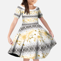 Samoa White Sunday Family Matching Long Sleeve Bodycon Dress and Hawaiian Shirt Samoan Tapa Yellow Hibiscus - Polynesian Pride