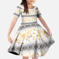 Samoa White Sunday Family Matching Off The Shoulder Long Sleeve Dress and Hawaiian Shirt Samoan Tapa Yellow Hibiscus - Polynesian Pride