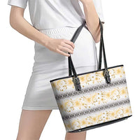 Samoa White Sunday Leather Tote Bag Samoan Tapa Yellow Hibiscus - Polynesian Pride