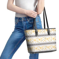 Samoa White Sunday Leather Tote Bag Samoan Tapa Yellow Hibiscus - Polynesian Pride