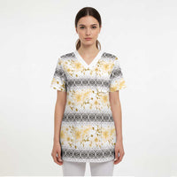 Samoa White Sunday Scrub Top Samoan Tapa Yellow Hibiscus - Polynesian Pride