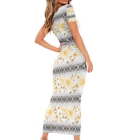 Samoa White Sunday Short Sleeve Bodycon Dress Samoan Tapa Yellow Hibiscus - Polynesian Pride