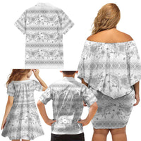 Samoa White Sunday Family Matching Off Shoulder Short Dress and Hawaiian Shirt Samoan Tapa White Hibiscus - Polynesian Pride