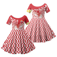 Personalised Tahiti Surfing Family Matching Off Shoulder Short Dress and Hawaiian Shirt Polynesian Style LT05 Daughter's Dress Red - Polynesian Pride
