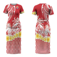 Personalised Tahiti Surfing Family Matching Short Sleeve Bodycon Dress and Hawaiian Shirt Polynesian Style LT05 Mom's Dress Red - Polynesian Pride
