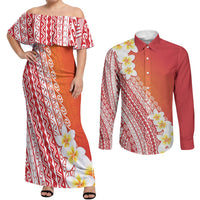 Tahiti Plumeria Tribal Pattern Couples Matching Off Shoulder Maxi Dress and Long Sleeve Button Shirt Wave Style Red LT05 Red - Polynesian Pride