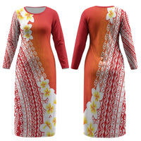 Tahiti Plumeria Tribal Pattern Family Matching Long Sleeve Bodycon Dress and Hawaiian Shirt Wave Style Red LT05 Mom's Dress Red - Polynesian Pride
