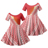 Tahiti Plumeria Tribal Pattern Family Matching Long Sleeve Bodycon Dress and Hawaiian Shirt Wave Style Red LT05 Daughter's Dress Red - Polynesian Pride