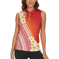 Tahiti Plumeria Tribal Pattern Women Sleeveless Polo Shirt Wave Style Red LT05 - Polynesian Pride