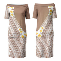 Tahiti Plumeria Tribal Pattern Couples Matching Puletasi and Long Sleeve Button Shirt Wave Style Brown LT05 - Polynesian Pride