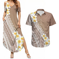 Tahiti Plumeria Tribal Pattern Couples Matching Summer Maxi Dress and Hawaiian Shirt Wave Style Brown LT05 Brown - Polynesian Pride