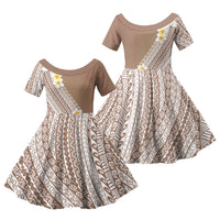Tahiti Plumeria Tribal Pattern Family Matching Long Sleeve Bodycon Dress and Hawaiian Shirt Wave Style Brown LT05 Daughter's Dress Brown - Polynesian Pride