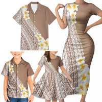 Tahiti Plumeria Tribal Pattern Family Matching Short Sleeve Bodycon Dress and Hawaiian Shirt Wave Style Brown LT05 - Polynesian Pride