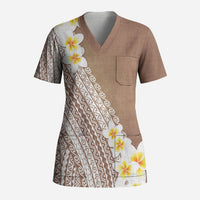 Tahiti Plumeria Tribal Pattern Scrub Top Wave Style Brown LT05 Adult Brown - Polynesian Pride