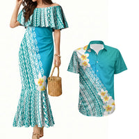 Tahiti Plumeria Tribal Pattern Couples Matching Mermaid Dress and Hawaiian Shirt Wave Style Turquoise LT05 Turquoise - Polynesian Pride