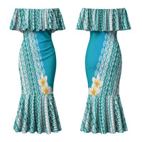 Tahiti Plumeria Tribal Pattern Couples Matching Mermaid Dress and Hawaiian Shirt Wave Style Turquoise LT05 - Polynesian Pride
