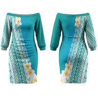 Tahiti Plumeria Tribal Pattern Couples Matching Off The Shoulder Long Sleeve Dress and Hawaiian Shirt Wave Style Turquoise LT05 - Polynesian Pride