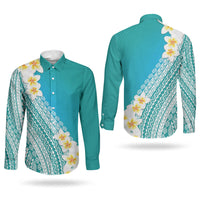 Tahiti Plumeria Tribal Pattern Couples Matching Short Sleeve Bodycon Dress and Long Sleeve Button Shirt Wave Style Turquoise LT05 - Polynesian Pride
