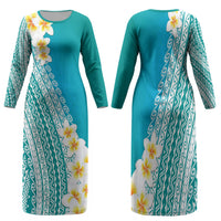 Tahiti Plumeria Tribal Pattern Family Matching Long Sleeve Bodycon Dress and Hawaiian Shirt Wave Style Turquoise LT05 Mom's Dress Turquoise - Polynesian Pride
